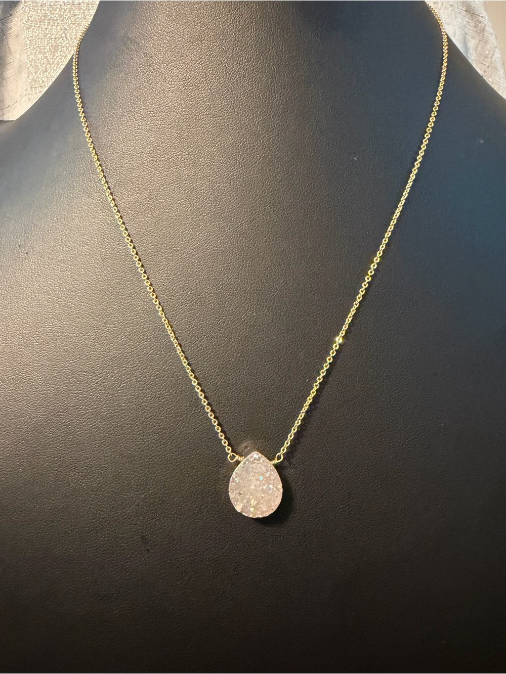Gold Chain Necklace with White Druzy Teardrop Pendant